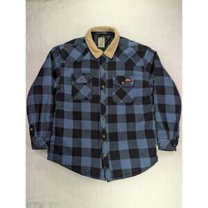 Dickies Men's L Blue Buffalo Check Quilted Flannel Shirt Jacket Sherpa Collar L